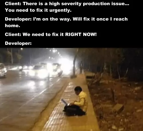 Developer is coding in the middle of a street