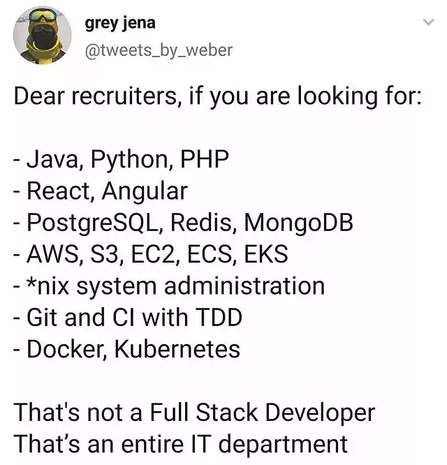 better hire an IT department, than hire dedicated full stack developer