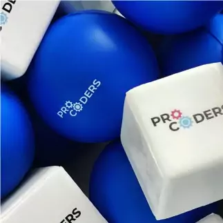 blue balloons and white cubes with ProCoders logo
