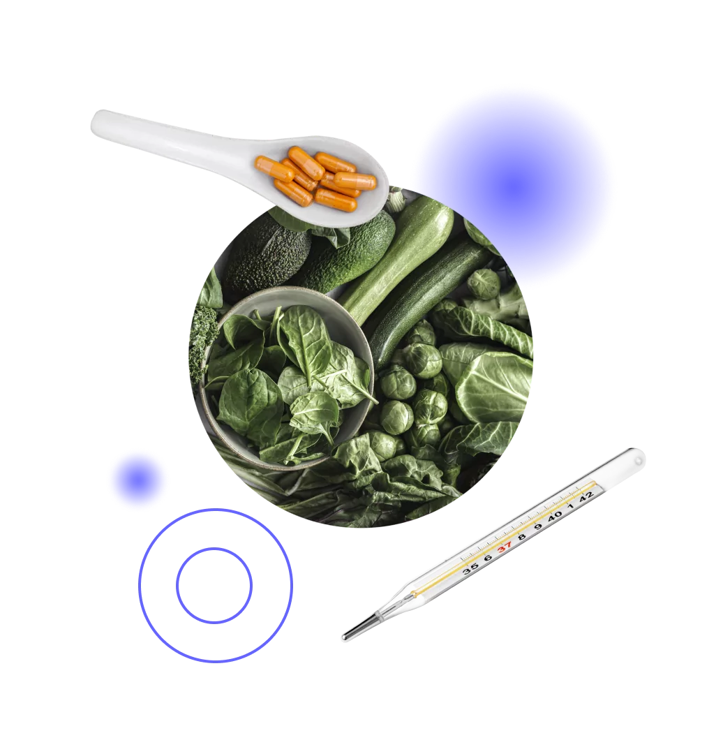 health and wellness illustration with greens, pills and thermometer