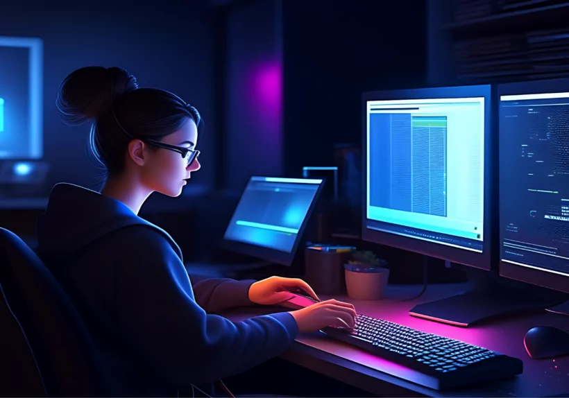 a girl coding in front of a cumputer