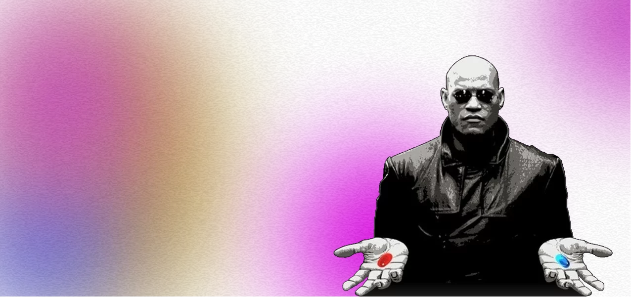 Morpheus from the "Matrix" holding two pills one in each hand - blue and red