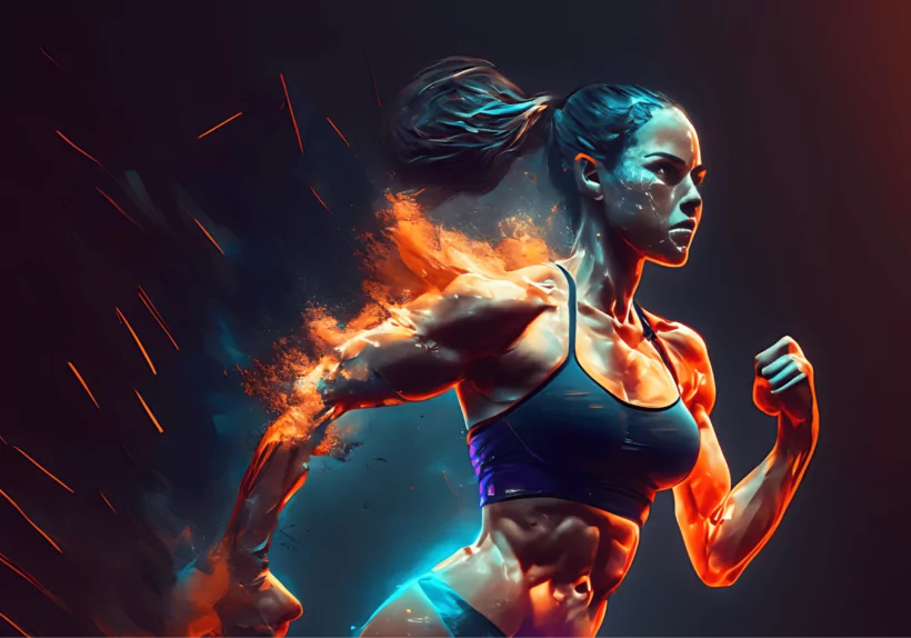 running fitness looking girl with a fire from her back