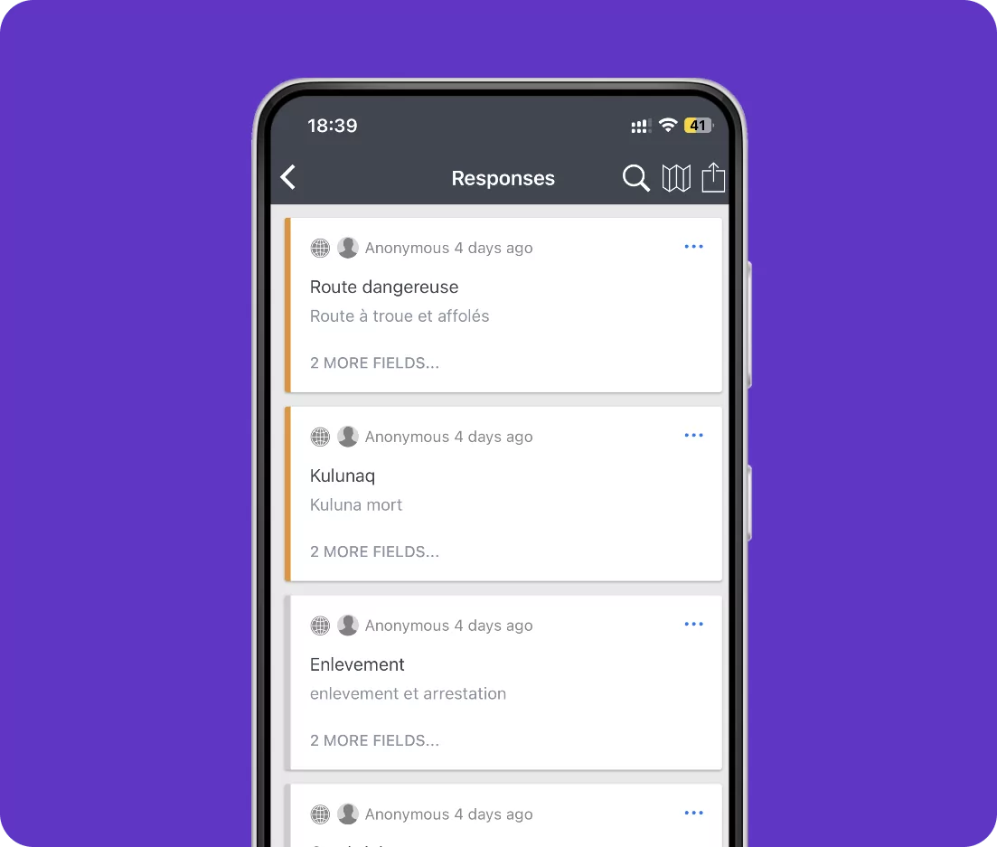Ushahidi responses page on a smartphone