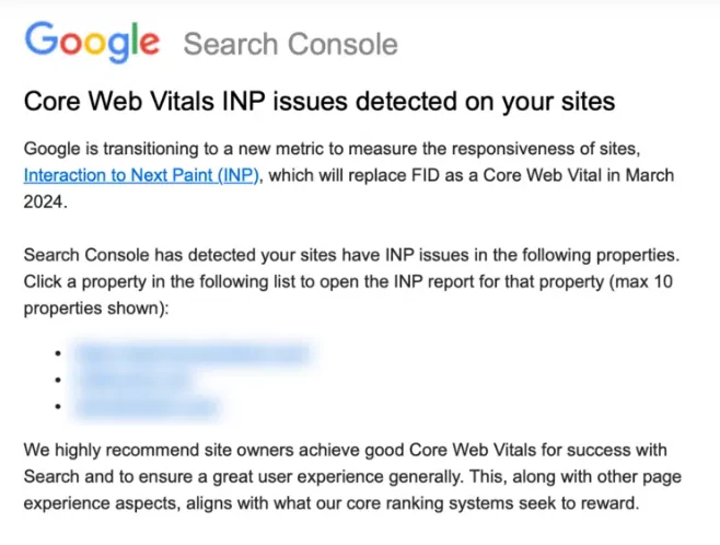 core web vitals INP issues email