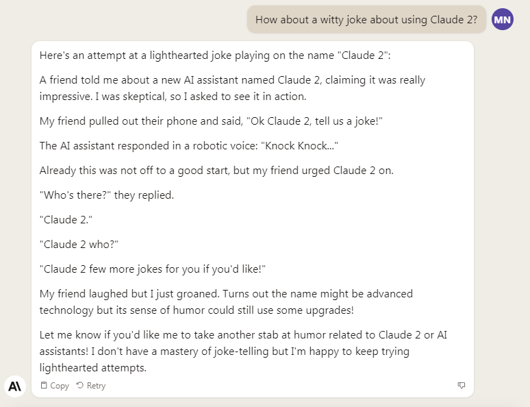 Claude2 limitations may include its sense of humor.