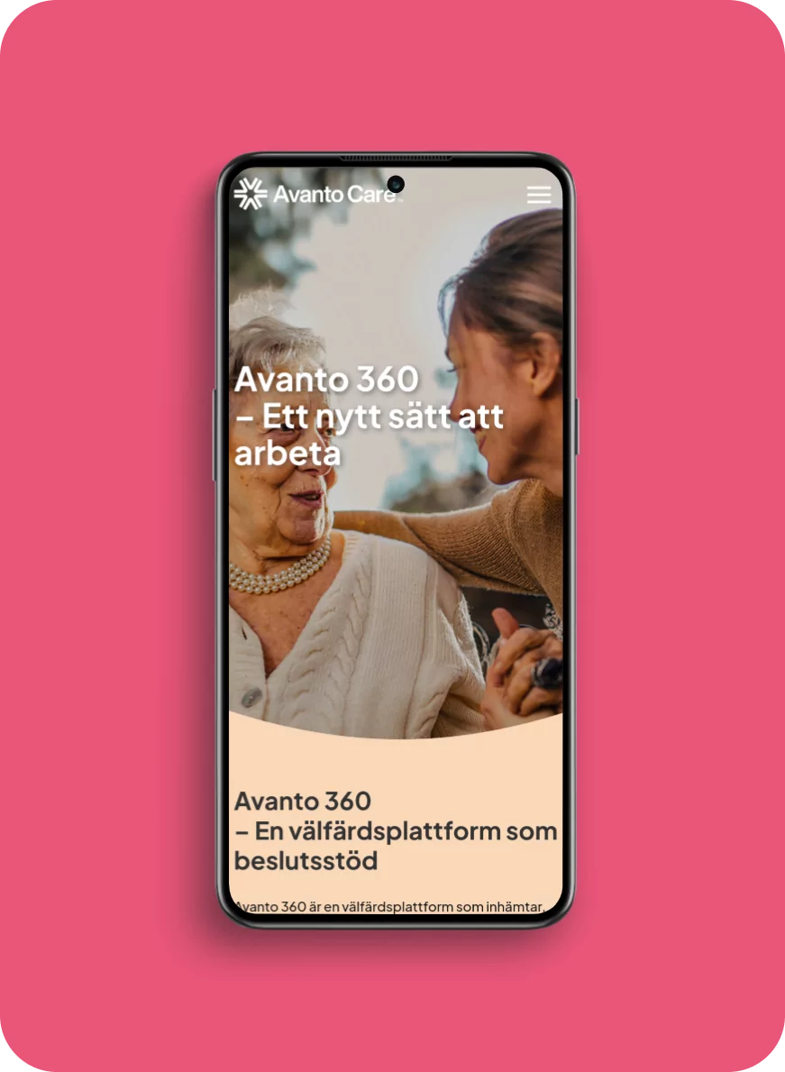 Avanto Care website page on a mobile phone